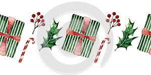 A set of watercolor seamless border with Christmas attributes, toys, plants and ribbons