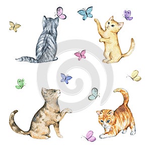 Set of watercolor seamless pattern with cute kittens