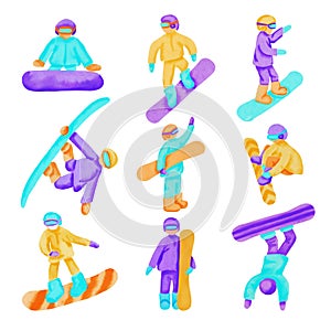 Set of watercolor snowboarders