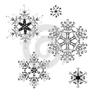 Set of watercolor snowflakes on white background. Hand-painted pattern