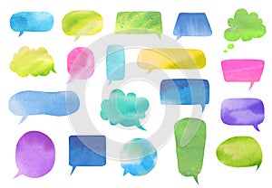 Set of watercolor speech bubbles on white. Blue, green, yellow, purple and pink colors