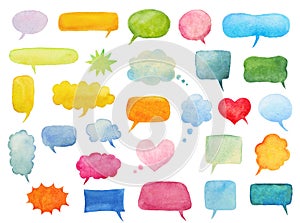 Set of watercolor speech bubbles on white, hand drawn call outs illustration