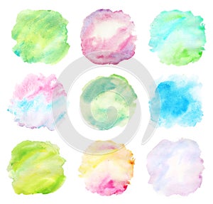 Set of watercolor splashes bright colors background on white