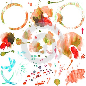 Set of watercolor splashes and stains of coffee cup