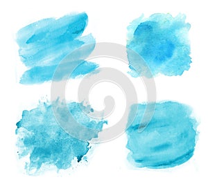Set of watercolor splashes on white, light blue color
