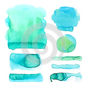 Set of watercolor spots in blue and green colors. Abstract stains and blobs collection in vector.