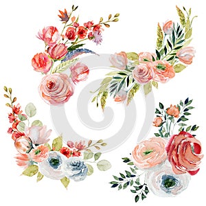 Set of watercolor spring floral bouquets and compositions of tender roses and wildflowers, green leaves and branches