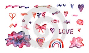 Set of watercolor stain, heart, rainbow, candy, kiss, ribbon, flag, arrow. Hand drawn illustrations isolated on white