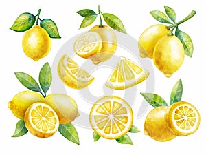 Set of watercolor style lemon fruit on white background vector, every piece can separate each one