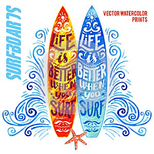 Set of watercolor surfboards