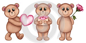 Set of watercolor teddy bear.Animal Valentines day illustration isolated on white background