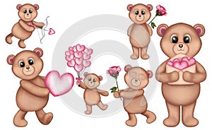 Set of watercolor teddy bear clipart.Animal valentines day illustration isolated on white background