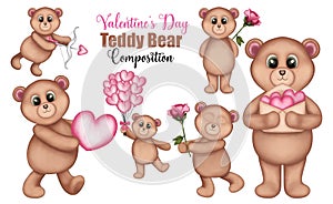 Set of watercolor teddy bear composition.Animal valentines day illustration isolated on white background