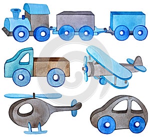 Set of watercolor transport toys for a boy.
