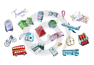 Set of watercolor travel icons. Hand painted trendy illustrations isolated on white
