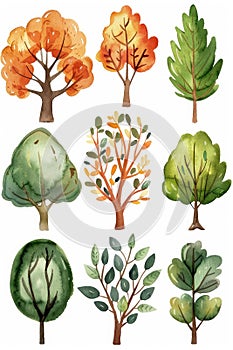 A set of watercolor trees with different colors and sizes