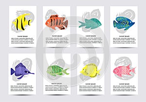 Set of watercolor tropical fish. Collection of card