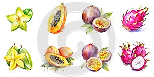 Set of watercolor tropical fruits isolated on white background: dragon fruit, papaya, passion fruit, carambola. Generative AI