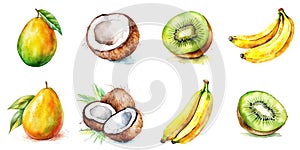 Set of watercolor tropical fruits isolated on a white background: kiwi, banana, mango, coconut. Generative AI