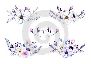 Set of watercolor vintage floral bouquets with feather. Boho spring flower and leaf frame isolated on white background. Bohemian