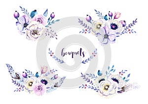 Set of watercolor vintage floral bouquets with feather. Boho spring flower and leaf frame isolated on white background. Bohemian