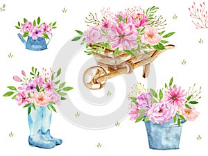 Set of Watercolor vintage gardening tools rusty tin watering can for watering flowers, wheelbarrow, galoshes, pail. Hand