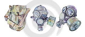 Set watercolor vintage gas mask with bag isolated on white background. Military filter respirator for stalker, post