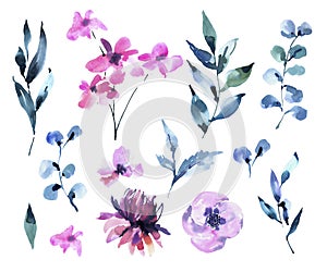 Set of Watercolor Vintage Magenta Flowers, Wildflowers. Natural Pink Floral Objects isolated on White Background