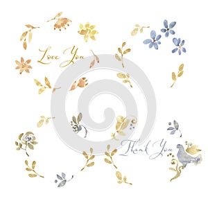 Set with watercolor wedding wreaths in yellow and blue