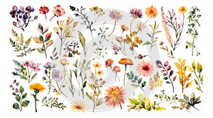 Set watercolor wild flowers, leaves and grass. Collection botanic garden elements. Vector isolated illustration in vintage style