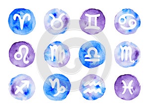 Set of watercolor zodiac symbols. Astrological icons isolated on white background