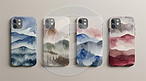 A set of watercolorinspired phone cases each showcasing a different alpine meadow scene from sunlit slopes to misty