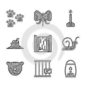 Set Waterfall, Animal cage, Camping lantern, Snail, Tiger head, Tree stump, Arrow and Paw print icon. Vector