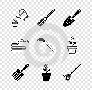 Set Watering can, Gardening handmade scissor, trowel spade shovel, fork, Flower pot, rake leaves, hose fire hose and saw