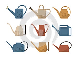 Set of Watering Cans for Gardening Tools Flat Design Element Concept Clipart