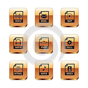 Set WAV file document, HTML, MP3, PHP, and GIF icon. Vector