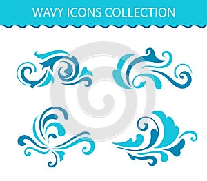 Set of wave icons, curly water splashes