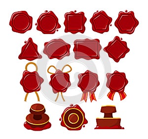 Set Of Wax Seal Stamps, Isolated Retro Labels, Red Certificate, Document, Letter, Envelope Protection And Certification