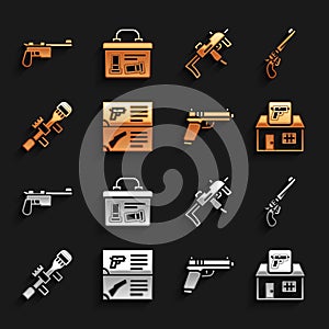 Set Weapon catalog, Revolver gun, Hunting shop weapon, Pistol or, Sniper optical sight, MP9I submachine, Mauser and