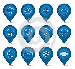 Set of weather blue icons - map pointer style