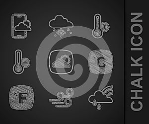 Set Weather forecast, Windy weather, Rainbow with cloud and rain, Celsius, Fahrenheit, Meteorology thermometer, and icon