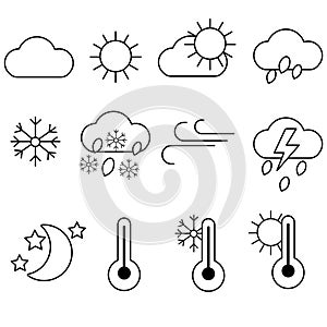 A set of weather icons in black and white. Cloud, moon, thermometer, sun, rain, snow