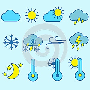 Set of weather icons in blue, blue, yellow. Cloud, moon, thermometer, sun, rain, snow