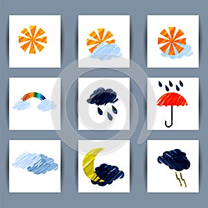 Set of weather icons sun, moon, clouds, lightning, rain, umbrell