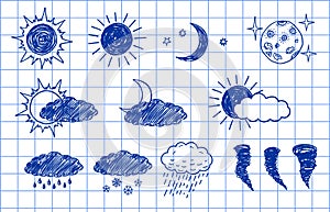 Set of Weather icons. Weathers icons doodle set. Weather vector icons. Weather forecast sign symbols. Weathers signs