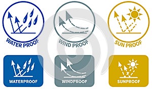 Set of weather resistance icons. Water wind and sun proof signs in circle and rounded square, can be used on textiles