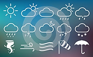 Set of weather vector line icons. Contains symbols of the sun, clouds, rainbow, snowflakes, wind, moon and so on