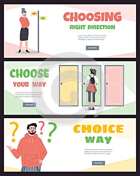 Set of web banner templates where people choose wrong, right direction, flat style