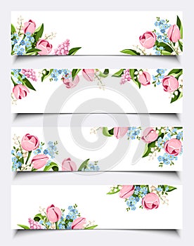 Set of web banners with pink, blue, and white flowers. Vector illustration photo