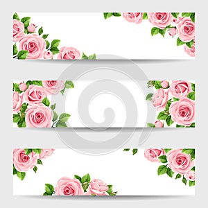 Set of web banners with pink roses. Vector illustration.